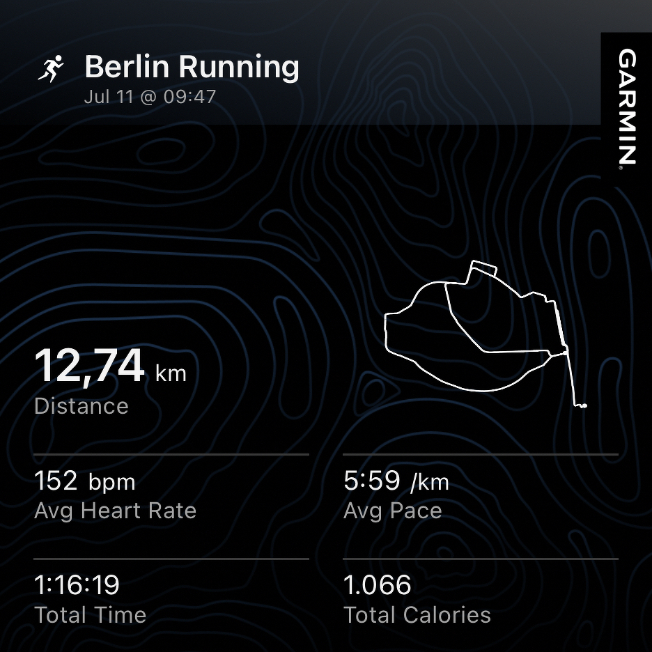 A Berlin running activity on July 11 covering 12.74 km with an average heart rate of 152 bpm, an average pace of 5:59 per km, a total time of 1:16:19, and 1,066 total calories burned.