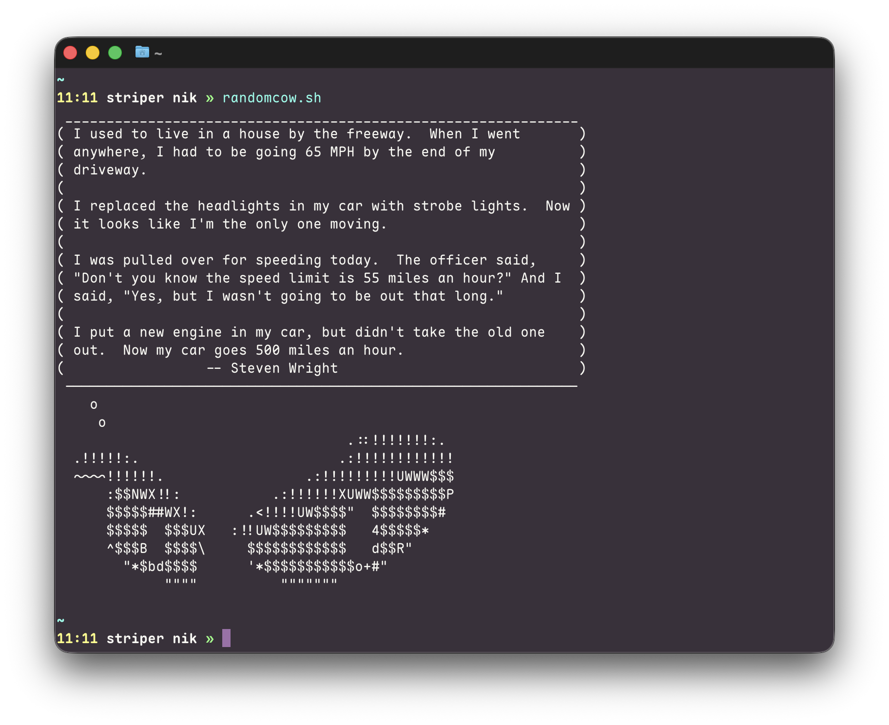 A terminal window displays a generated random cow ASCII art and a the quote:&10;I used to live in a house by the freeway.  When I went &10;anywhere, I had to be going 65 MPH by the end of my &10;driveway. &10;&10;I replaced the headlights in my car with strobe lights.  Now &10;it looks like I'm the only one moving.                      &10;                                                           &10;I was pulled over for speeding today.  The officer said,  &10;"Don't you know the speed limit is 55 miles an hour?" And I &10;said, "Yes, but I wasn't going to be out that long."       &10;                                                          &10;I put a new engine in my car, but didn't take the old one &10;out.  Now my car goes 500 miles an hour.                 &10;                -- Steven Wright                        